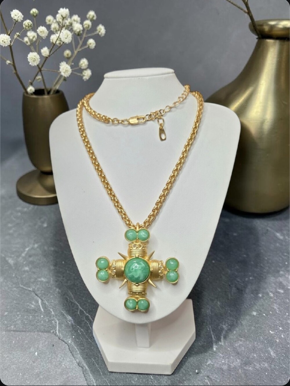 18k Matte Gold Plated Chunky Maltese Cross Brooch Pendant Statement Necklace